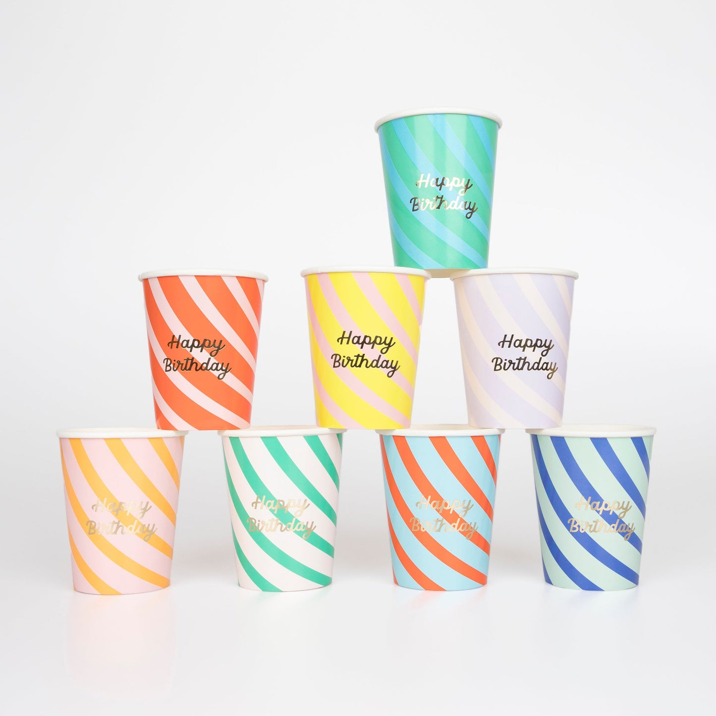 Colorful striped party cups with gold foil 'Happy Birthday' message, 9oz, pack of 8.