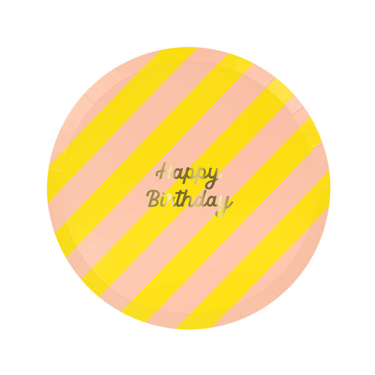 Bold striped birthday plates with gold foil 'Happy Birthday' text, pack of 8, 4 color combos.