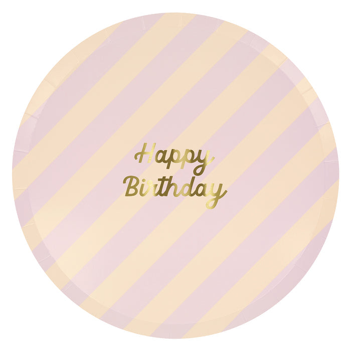 Bold striped birthday plates with gold foil 'Happy Birthday' text, pack of 8, 4 vibrant colors.