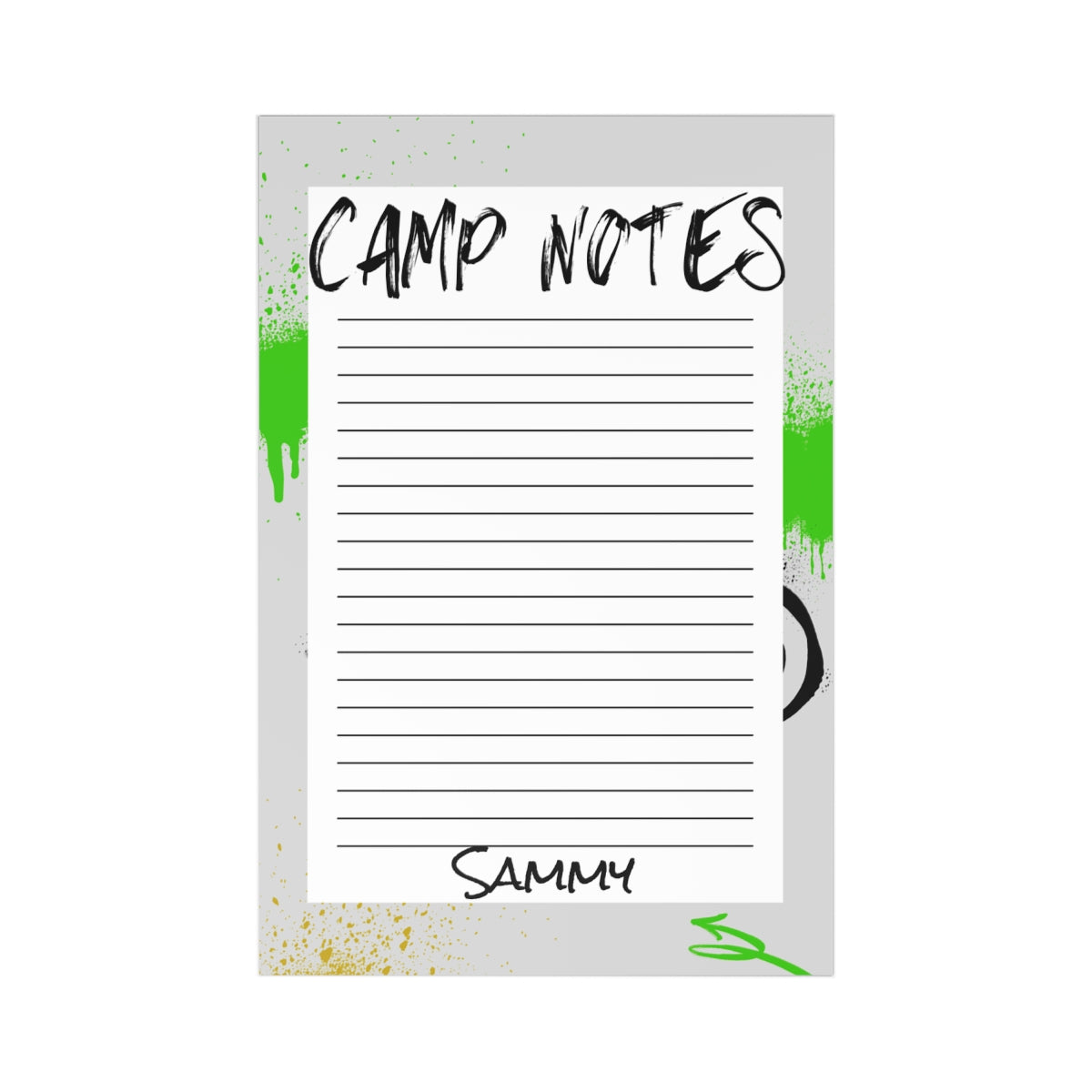 Personalized camp stationery set—10 notecards and envelopes. Groovy design, lined for easy writing, and customizable with your child's name. Ideal for camp notes and memories.