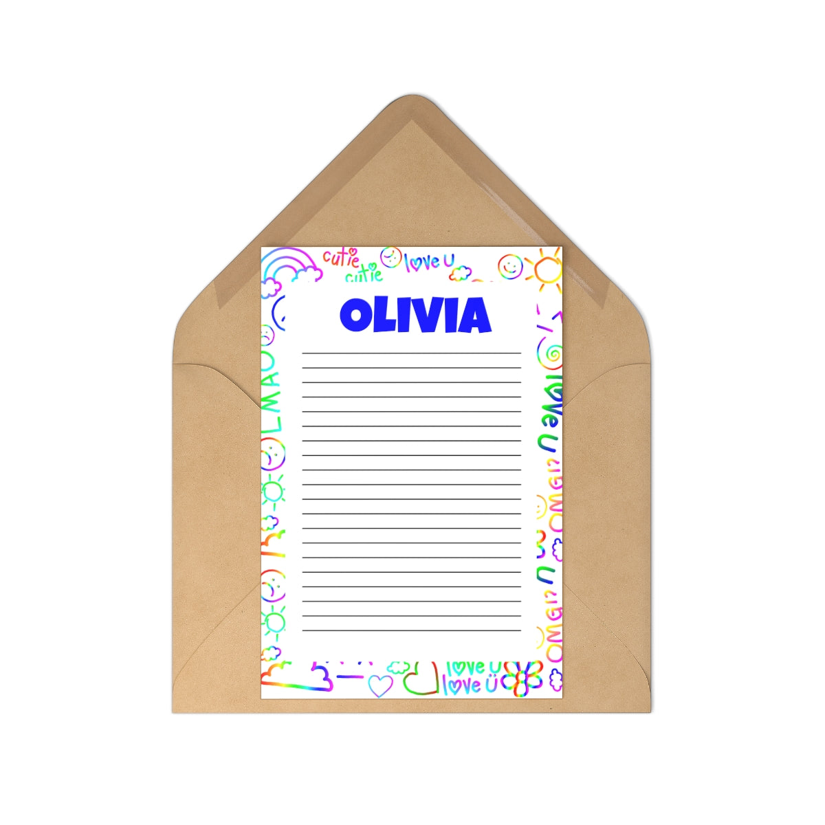 Custom camper-themed stationery set featuring 7 flat note cards printed on premium smooth white cardstock, paired with craft brown envelopes. Personalize with your name for a unique touch. Perfect for personalized notes or as a thoughtful gift