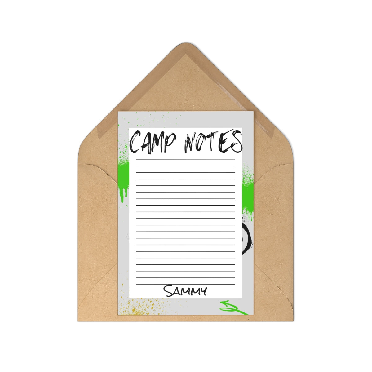 Personalized camp stationery set—10 notecards and envelopes. Groovy design, lined for easy writing, and customizable with your child's name. Ideal for camp notes and memories.