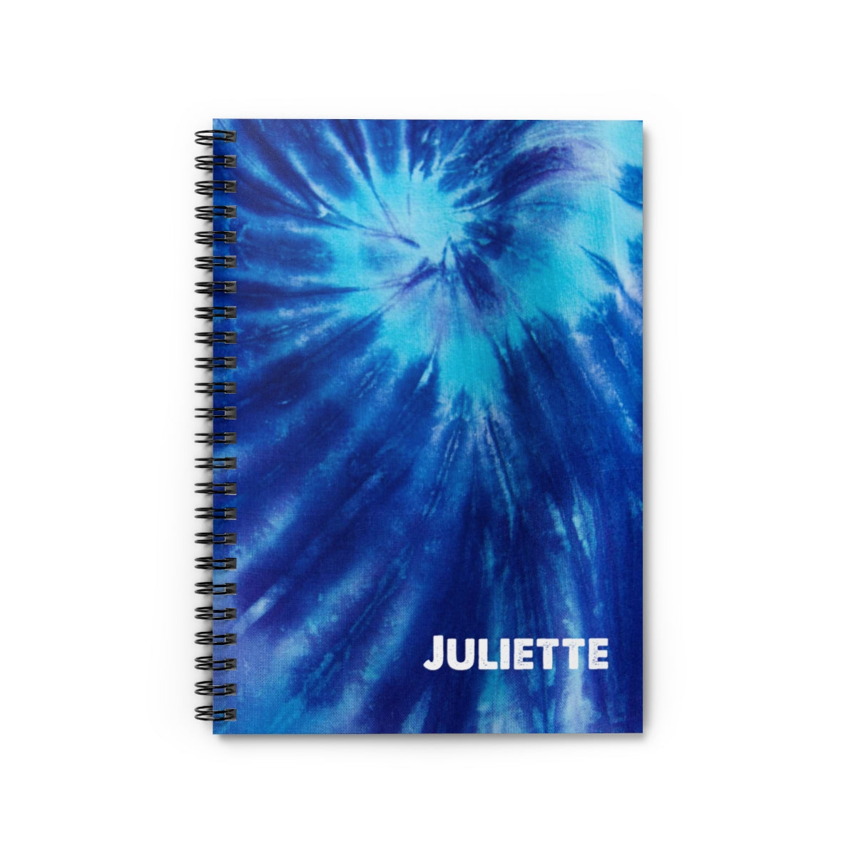 Green tie-dye journal with a retro cover, designed to spread positivity through writing. Features 118 pages of ruled line paper, personalized font and color options, and metal spiral binding. Dimensions: 6" x 8" (15.2 x 20.3 cm)