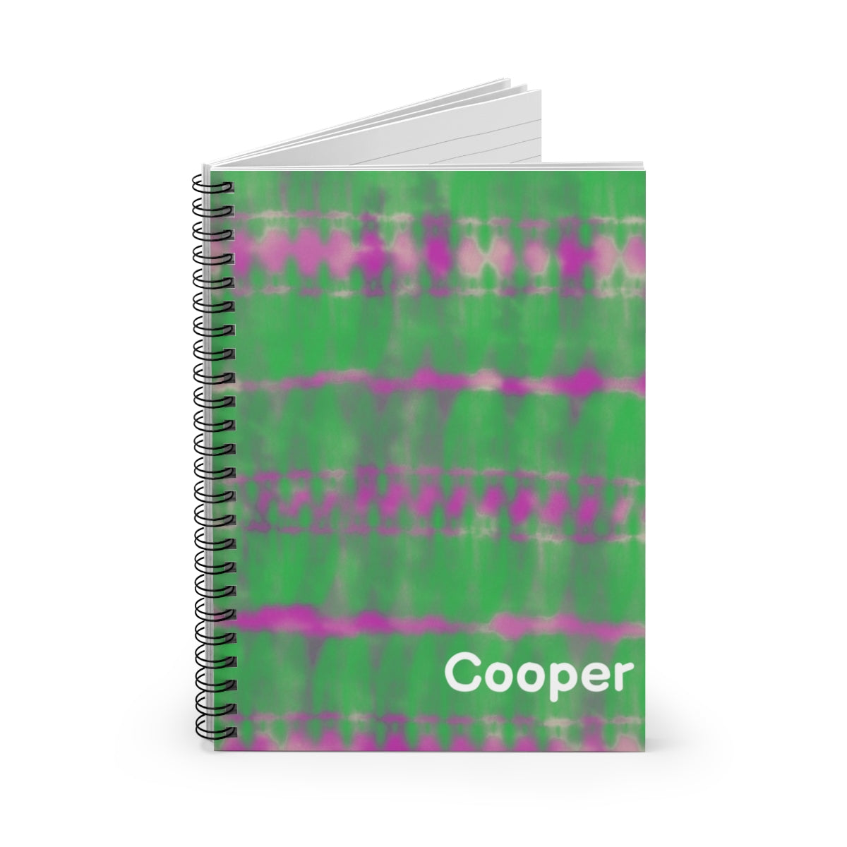 Personalized green tie-dye journal with custom font and color. Features 118 ruled pages, metal spiral binding, and measures 6&quot; x 8&quot; (15.2 x 20.3 cm) Ideal for adding a unique touch to your writing.