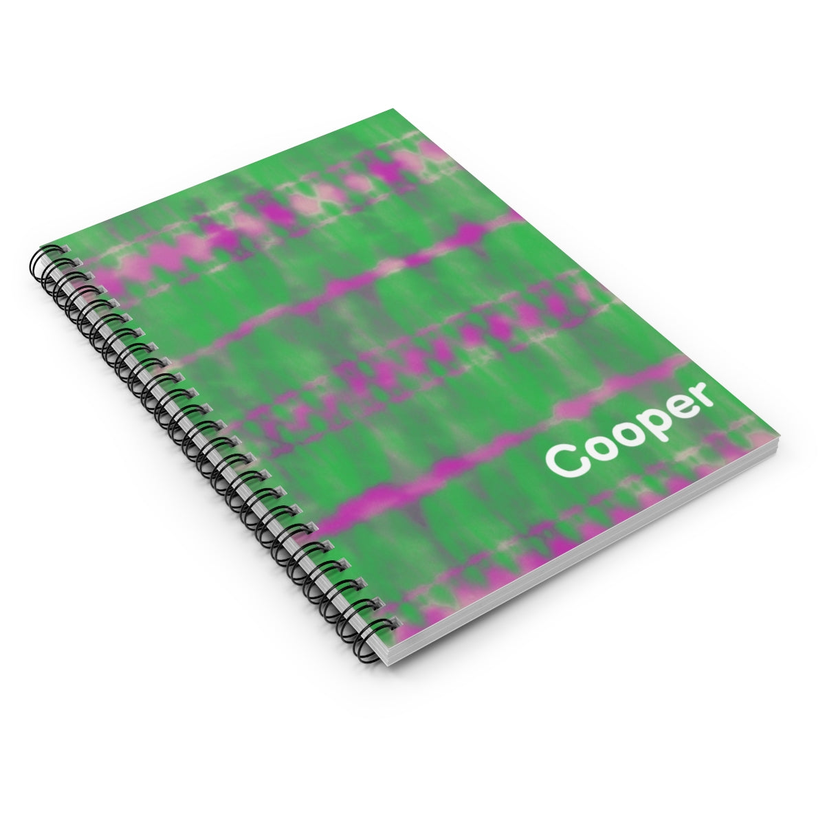 Personalized green tie-dye journal with custom font and color. Features 118 ruled pages, metal spiral binding, and measures 6&quot; x 8&quot; (15.2 x 20.3 cm) Ideal for adding a unique touch to your writing.