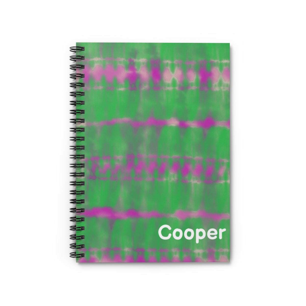 Personalized green tie-dye journal with custom font and color. Features 118 ruled pages, metal spiral binding, and measures 6&quot; x 8&quot; (15.2 x 20.3 cm) Ideal for adding a unique touch to your writing.