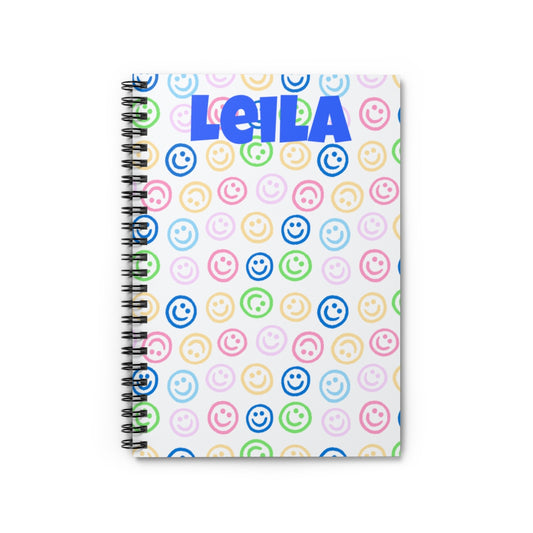 Personalized All Smiles Journal, smiley face journal, featuring a cheerful design. Includes 118 ruled pages, custom fonts and colors, and a metal spiral binding.