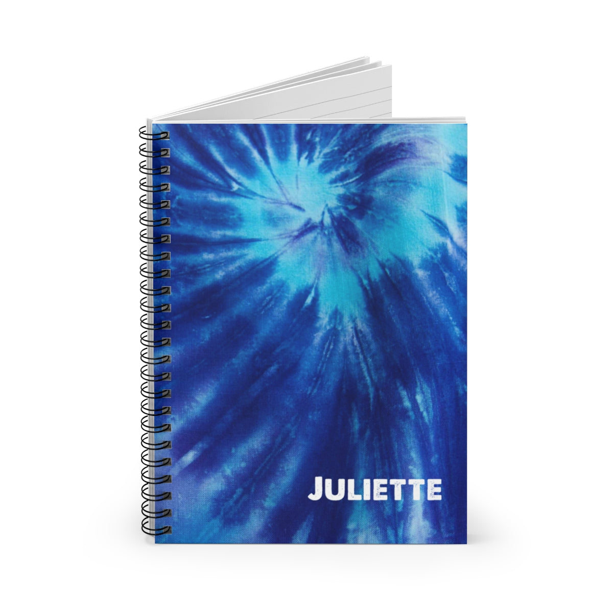 Green tie-dye journal with a retro cover, designed to spread positivity through writing. Features 118 pages of ruled line paper, personalized font and color options, and metal spiral binding. Dimensions: 6" x 8" (15.2 x 20.3 cm)