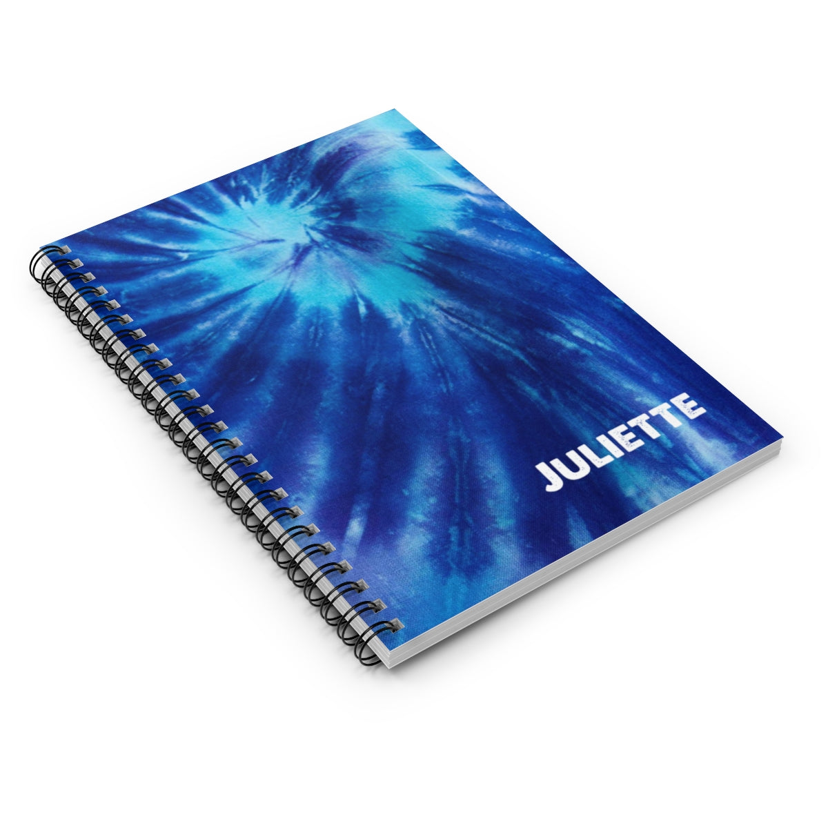 Green tie-dye journal with a retro cover, designed to spread positivity through writing. Features 118 pages of ruled line paper, personalized font and color options, and metal spiral binding. Dimensions: 6" x 8" (15.2 x 20.3 cm)