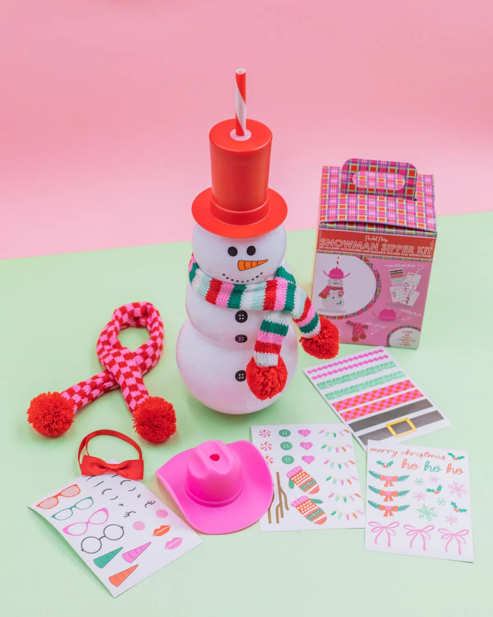 Viral Snowman Sipper with DIY accessory kit. Holds 30 oz (a whole bottle of wine!) and includes a pink cowboy hat, red bow tie, knit scarf, and 30+ reusable stickers to customize. Perfect for holiday gifts, girls' night, or white elephant exchanges