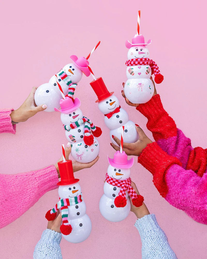 Viral Snowman Sipper with DIY accessory kit. Holds 30 oz (a whole bottle of wine!) and includes a pink cowboy hat, red bow tie, knit scarf, and 30+ reusable stickers to customize. Perfect for holiday gifts, girls' night, or white elephant exchanges