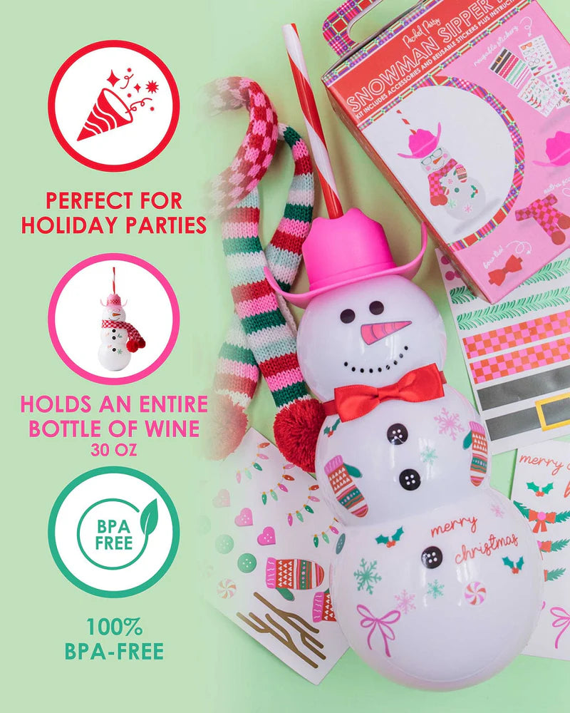 Viral Snowman Sipper with DIY accessory kit. Holds 30 oz (a whole bottle of wine!) and includes a pink cowboy hat, red bow tie, knit scarf, and 30+ reusable stickers to customize. Perfect for holiday gifts, girls' night, or white elephant exchanges