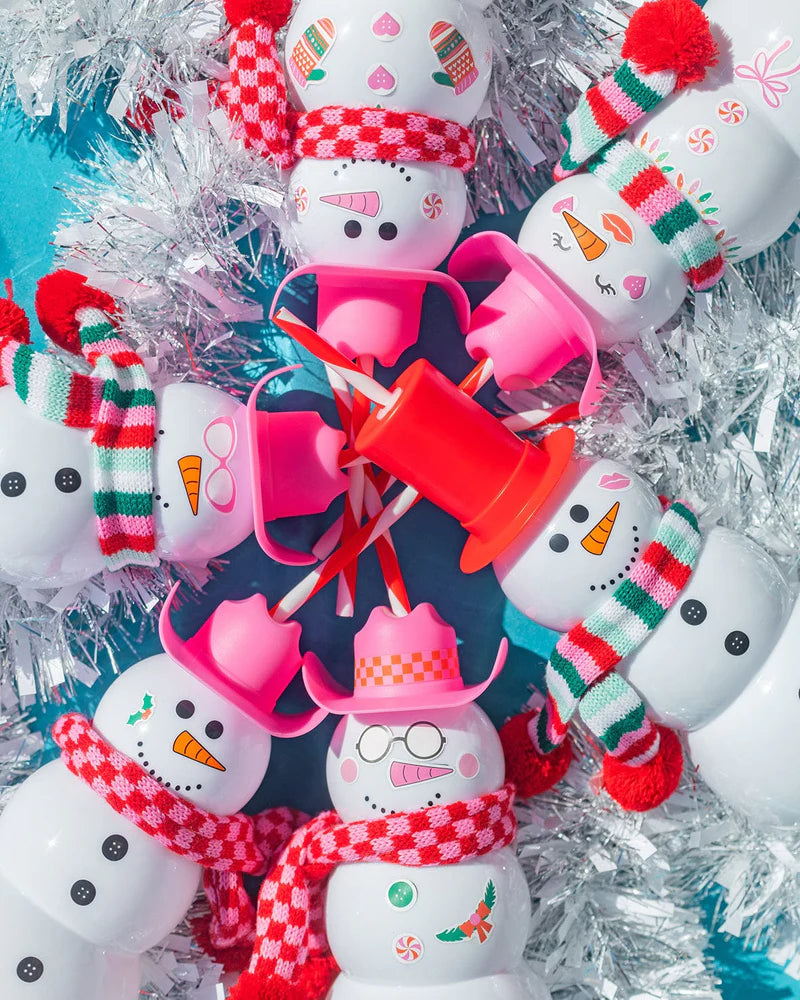 Viral Snowman Sipper with DIY accessory kit. Holds 30 oz (a whole bottle of wine!) and includes a pink cowboy hat, red bow tie, knit scarf, and 30+ reusable stickers to customize. Perfect for holiday gifts, girls' night, or white elephant exchanges