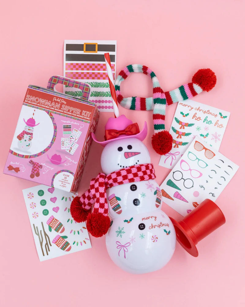 Viral Snowman Sipper with DIY accessory kit. Holds 30 oz (a whole bottle of wine!) and includes a pink cowboy hat, red bow tie, knit scarf, and 30+ reusable stickers to customize. Perfect for holiday gifts, girls' night, or white elephant exchanges