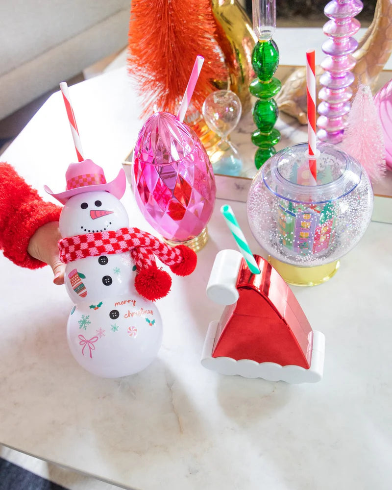 Viral Snowman Sipper with DIY accessory kit. Holds 30 oz (a whole bottle of wine!) and includes a pink cowboy hat, red bow tie, knit scarf, and 30+ reusable stickers to customize. Perfect for holiday gifts, girls' night, or white elephant exchanges